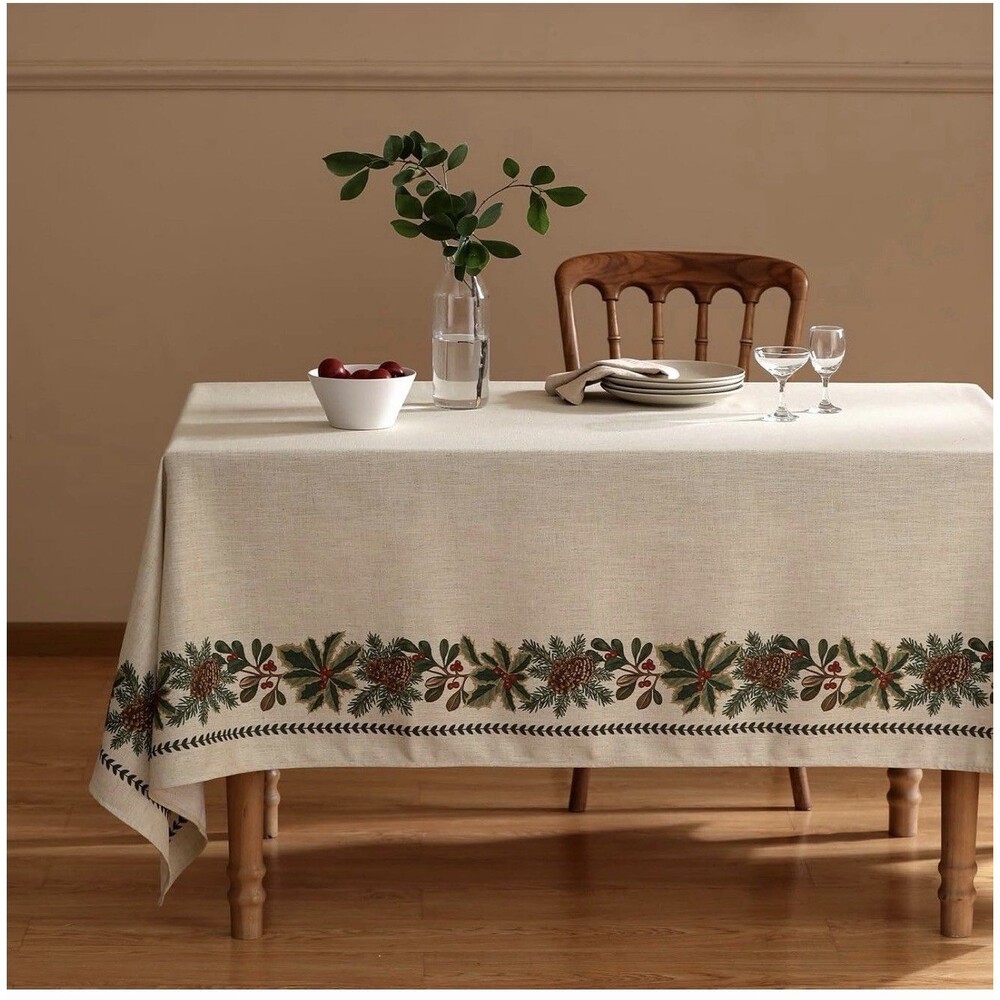 ISAENNE Linen Christmas Tablecloth 63x94 Light Beige Wrinkle Resistant